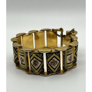 Vintage Damascene Link Bracelet Floral Pink Roses Black & Gold Tone Panels Chain